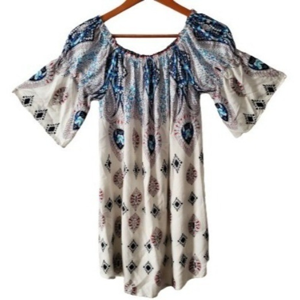 UMGEE Women's Floral Bell Sleeves Off-Shoulder Tunic Mini Dress Size Small - Picture 2 of 13